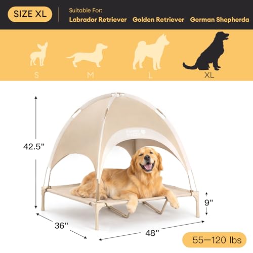 FUNNY FUZZY Elevated Dog Bed with Canopy,Khaki, X-Large (48"x36"x9") – Outdoor Raised Dog Cot with Shade, Cooling Breathable Mesh Pet Bed, Portable Waterproof Camping Bed for Large Dogs up to 120 lbs - color: Khaki, size: X-Large