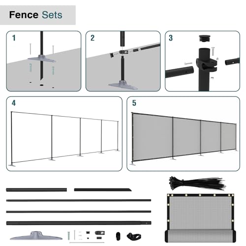 ECOOPTS 5'Hx24'L Privacy Fence Set with Poles and Rails Ground Spikes Fence Kit for Patio Garden Pool Yard (Light Gray) - color: Light Gray, size: 0 5'Hx24'L