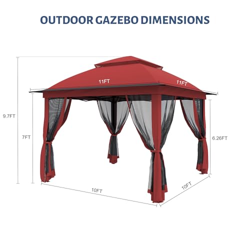11'X11' Gazebo Pop Up with 4 Sidewalls Mosquito Netting, Heavy Duty Patio Gazebo Canopy Tent with Double Air Roofs for Backyards, Patios, Decks, Gardens, Parks - color: Red Top