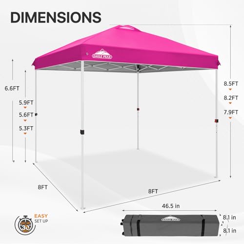 EAGLE PEAK Pop Up Canopy Tent with Wheeled Carry Bag, 8 Stakes, 4 Ropes, Easy Set Up Tent Canopy, 8x8 ft, Pink - color: Pink, size: 8x8