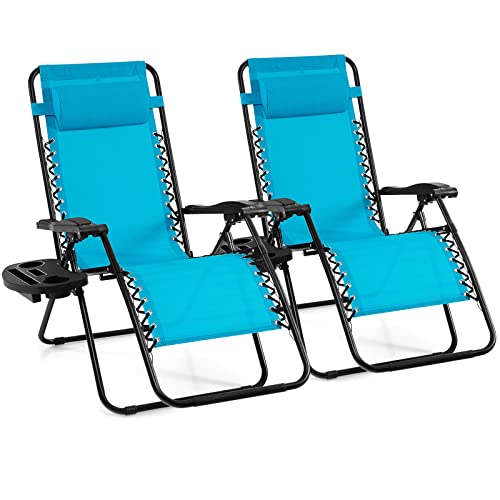 Giantex 2 PCS Zero Gravity Chair, Outdoor Chaise Lounge with Cup Holder, Patio Folding Chairs Recliner for Yard Pool Lawn Balcony, Blue - color: Blue, size: 1 Count (Pack of 2)