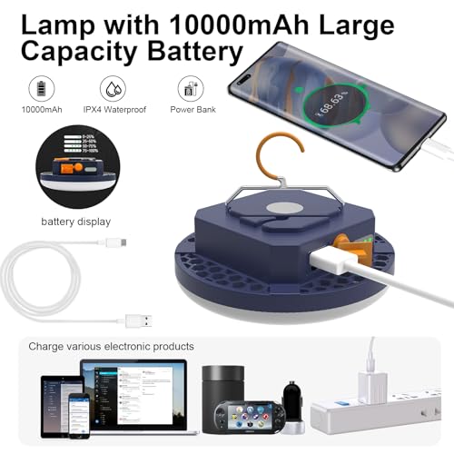 10000mAh Rechargeable Camping Light Insect Not Attract 4000LM Work Light White/Red/Pink/SOS Brightness Stepless Dimming, IP45 Waterproof Tent Light Power Failure for Halloween (Standard)