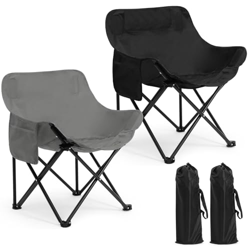 2 Pack Compact Camping Chairs Portable Folding for Outside with Carry Bag Lightweight Moon Chairs for Travel Picnic Hiking Beach Fishing, 600D Oxford, Supports 330lbs(Grey, Black) - color: Grey, Black