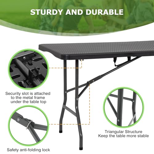 BestOffice Outdoor Folding Camping Table Plastic Table Portable Square Height Dining Table Perfect for Picnics,Parties,Party and Camping,Black Ratten - color: Black Ratten, size: 6 FT