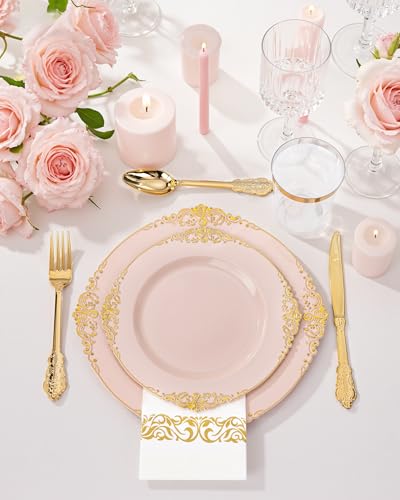 Nervure 350PCS Pink Plastic Plates - Pink Plastic Dinnerware Sets for 50 Guests - 100 Disposable Plates, 150 Gold Silverware, 50 Cups, 50 Napkins Perfect for Wedding & Party & Mothers Day - color: Pink
