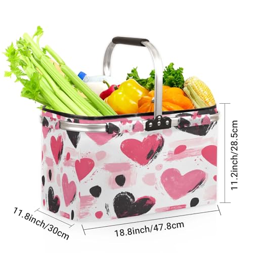 Colorful Love Hearts Picnic Basket Large Collapsible Market Baskets Portable Reuasble Shopping Bags with Handles for Camping Beach Travel - color: Brown