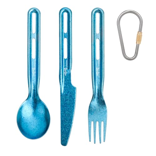 TiTo Titanium 3 Piece Cutlery Set, Ultralight Portabale Titanium Fork Spoon & Knife Tableware for Outdoor Camping Hiking Backpacking Travel Picnic Flatware with Titanium Carabiner (Blue) - color: Blue