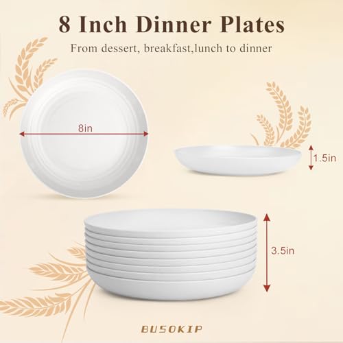 Wheat Straw Plate 8 Inch, Reusable Plastic Plates Set for 8, Unbreakable Small Plate for Salad, Dessert, Cake, Microwavable Plates for Kitchen, Party, Camping, RV - White - color: White, size: 8 Inch