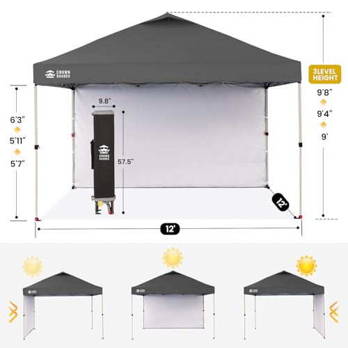 CROWN SHADES 12x12 Pop Up Canopy Tent Instant Commercial with 150D Silver Coated Fabric Including 1 Removable Sidewall, 4 Ropes, 8 Stakes, Weight Bags, STO 'N Go Bag, Grid Grey - color: Grid Grey, size: 12x12FT
