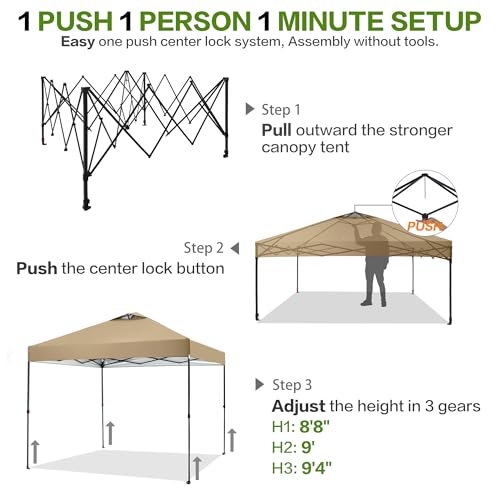 Tunbne 10'x10' Pop Up Canopy Tent with 1 Sidewall and 6 Pockets, One Push Setup, Instant Shade Tent with Vented Roof for Beach Patio Outdoor, Case, 8 Stakes, 4 Ropes, 4 Sandbags (Khaki, 10x10) - color: Khaki, size: 10x10