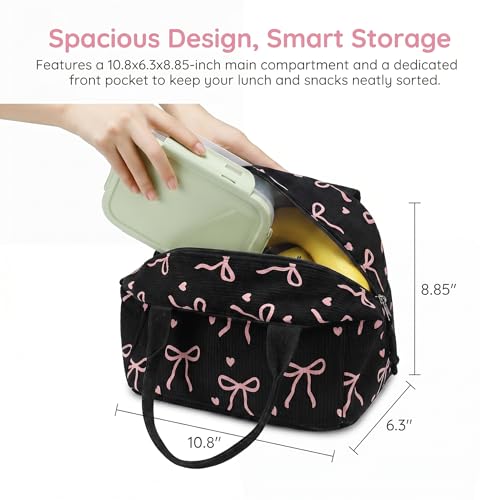 LEDAOU Lunch Box for Women Insulated Lunch Bag Corduroy Lunch Tote Bags Leakproof Cooler Lunch Case for Travel Work Picnic (Bow Tie Black) - color: Bow Tie Black