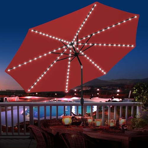 Sundale Outdoor Olefin 5-Year-Non-Fading Solar 104 LED 11FT Solar Patio Umbrella with Sand Bag Base, Outdoor Umbrella with Tilt and Crank, Red - color: Red, size: 11FT