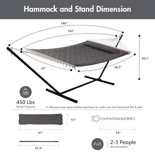ANOW Double Hammock with 12FT Heavy Duty Steel Stand Included, 2 Person Hammock with Stand for Outdoors, 450 LBS Weight Capacity, Gray - color: Grey, size: 2 Person With Stand