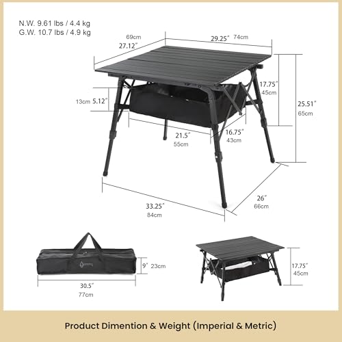ARROWHEAD OUTDOOR 39" Aluminum Folding Camp Roll Up Table w/Adjustable Height, Undertable Mesh Storage, Carry Bag - color: Black