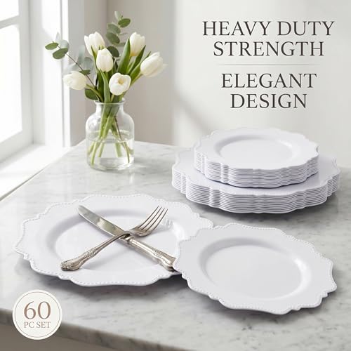 COLOSUS 100 pcs White Plastic Plates Set,Fancy Beaded Plates-European Retro plates include 50 dinner plates and 50 dessert plates,Plastic Disposable plates for BBQ and Party - color: White