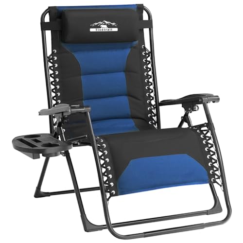 Zero Gravity Chair Oversized Recliner Padded Reclining Patio Chairs Folding XL Anti Gravity Lounge Chair with Adjustable Pillow and Cup Holder for Outdoor Camping Patio Lawn - color: Black & Blue, size: X-Large/1 PCS