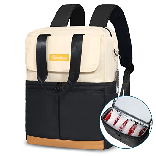 Scothen Backpack Cooler with Double Decker & 12 Ice Packs- Keeps 36 Cans Cold for Up to 24 Hours- Waterproof & Leak Proof Insulated Cooler Backpack- Stylish Cooler Bookbag for Women Travel Work Beach - color: Black