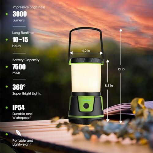 Rechargeable LED Lantern - 3000 Lumens, 5 Light Modes, IP54 Waterproof, 7500mAh Battery, Portable Flashlight for Camping, Hiking, Power Outages & Emergencie (Green) - color: Green