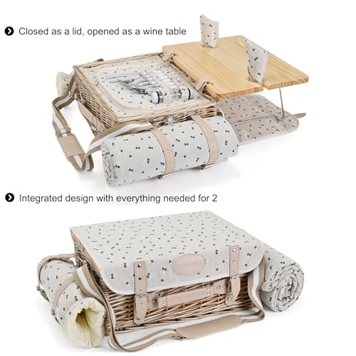 Multifunctional Wicker Picnic Basket Set for 2 with Blanket and Picnic Table, Insulated Picnic Set with Full Tablewares for Camping Outdoor Couples,Cherry - color: Cherry With Blanket &Table for 2