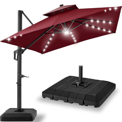 Best Choice Products 9x12ft LED Cantilever Patio Umbrella w/Base Included & 360° Rotation, Large Solar Offset Hanging Outdoor Sun Shade for Deck, Backyard Table w/Stand & Lights – Burgundy - color: Burgundy, size: 9x12ft