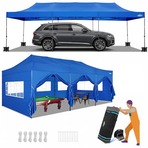 COBIZI 10x30 Pop up Carport 10x30 Canopy Tent with Sidewalls, Heavy Duty Party Tent Tents for Parties, Foldable UPF 50+ Waterproof Commercial Easy up Canopy with Wheeled Bag, Blue - color: Blue, size: 10ft x 30ft