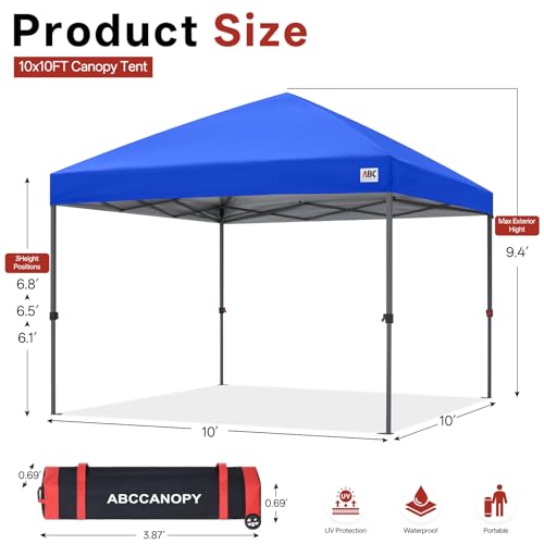 ABCCANOPY 10x10 Pop Up Canopy Tent, Easy Setup Instant Canopy with Wheeled Bag, Heavy Duty Outdoor Canopy for Beach, Market, Backyard, UV Protection, Outdoor Weather Protection (Royal Blue, 10x10) - color: Royal Blue, size: 10x10