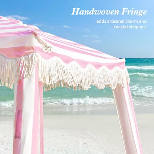 AMMSUN Beach Cabana with Fringe, 7' x 7' Boho Beach Canopy with Tassels, Easy Set up & Premium Wood Pole, Cabana Tent with Sand Pockets, Instant Sun Shade for Sand, Garden, Patio, Rose Stripes - color: Pink Rose Stripes