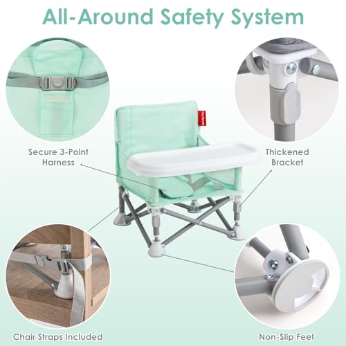 Tiny Marvels Portable Booster Seat, Foldable Baby High Chair with Removable Tray, Safety Harness & Carry Bag – for Toddlers Ages 6M-3Y, Ideal for Dining, Travel, Camping & Family Time - color: Green