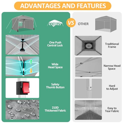 COBIZI Canopy Tent 10x10, Easy Up 10x10 Pop Up Canopy for Party Camping, Party Tents with One Push Central Button Air Vent, Outdoor Gazebo Tent with Sidewalls and Reflective Strip(Grey) - color: Gray, size: 10x10ft with 3 sidewalls