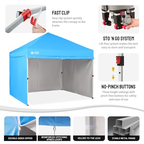 CROWN SHADES 10X10 Commercial Instant Canopy Pop Up Tent with Center Lock, 300D Fabric, 4 Sidewalls, Sto'N Go Bag, Sky Blue - color: Sky Blue, size: 10x10 Classic