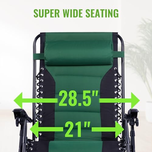Backyard Expressions Deluxe XL Padded Recliner Zero Gravity Chair – Ergonomic Anti-Gravity Lounger with Folding Design, Side Tray, and Adjustable Headrest - color: Black/Forest Green
