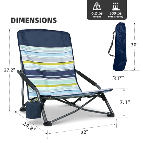 Portable Folding Beach Chair for Adults Set of 2- Lightweight Low Back Sling Chair, 300lbs Capacity Camping Chair for Outdoor, Lawn, Concert, Travel (Orange-Colour Striped) - color: Orange-colour Striped, size: 2 pcs
