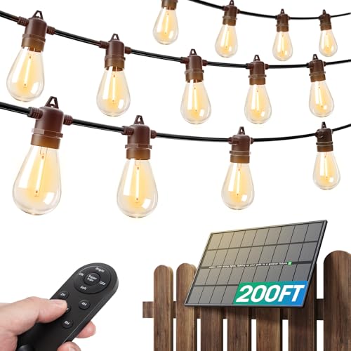 addlon 200FT(192+8) Solar String Lights Outdoor Waterproof with 6W Panel USB & Remote Control Patio Lights Long Last for 20+Hrs Dimmable Solar Power LED Bulbs for Porch Garden Market Bistro Backyard - size: 192+8FT(60 Sockets)