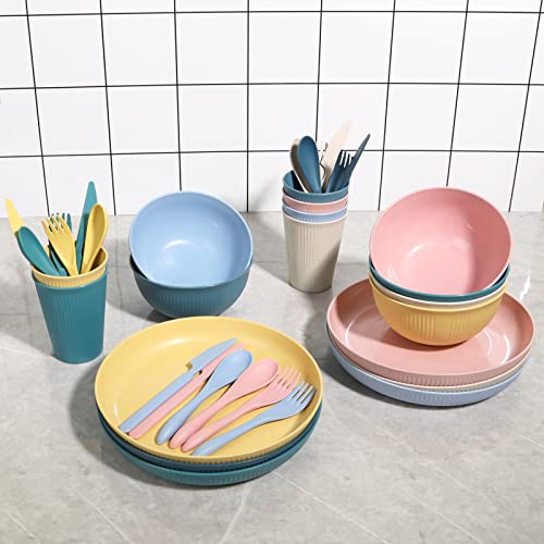 Wheat Straw Dinnerware Sets -DAPIPIK 36 Piece Unbreakable Dinnerware Sets for 6, Wheat Straw Plates and Bowls Set, Lightweight Camping Plates Cups and Bowls Set.Dishwasher Microwave Safe Dinnerware - color: Rich and colorful