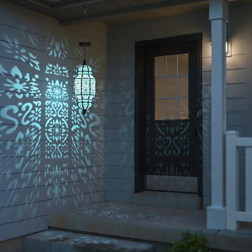 18 Inch High Large Hanging Solar Lights Outdoor Garden Decor, Decorative Waterproof Plastic Moroccan Solar Lantern Lamp, Outside Decorations for Patio Yard Porch Decor, Gardening Gifts for Women Mom - color: Black Blue, size: 1pack