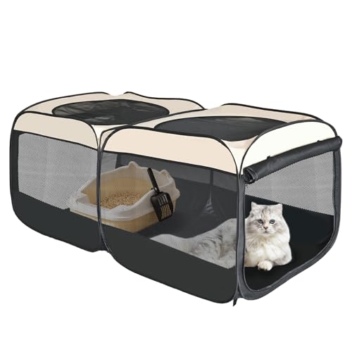 2-in-1 Dog Playpen 58''Pop Up Cat Pet Playpen, Assembly-Free Indoor Outdoor Kitten Enclosure, Kitten Pen Cat Cage Portable Puppy Tent Crates Kennel for Small Animals(No Divider, Unified Space) - color: Beige, size: M, 58.3"L x 30"W x 24.1"H