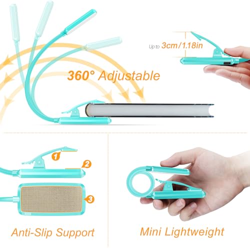 Gritin 9 LED Rechargeable Book Light for Reading in Bed - Eye Caring 3 Color Temperatures,Stepless Dimming Brightness,80 Hrs Runtime Small Lightweight Clip On Book Reading Light for Studying -Blue - color: Blue
