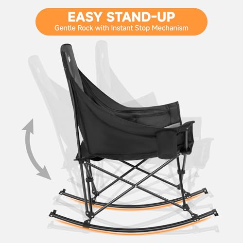 Youtanic Oversized Folding Rocking Camping Chair, Padded Portable Rocking Chair with Pockets, Cup Holder and Carry Bag, Heavy Duty Outdoor Rocker Patio Chair for Garden, Lawn, Yard, Up to 400lbs, Gray - color: Gray-black