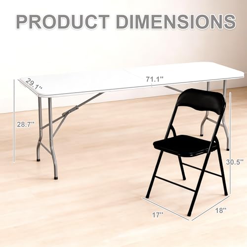 Elevon Folding Table Set with 6 Black Folding Chairs,6 Feet Heavy Duty Fold-in-Half Utility Table Sets for Picnic, Event, Training, Outdoor Activities, at Home and Commercial Use - size: 6 feet, style: With 6 Black Chair