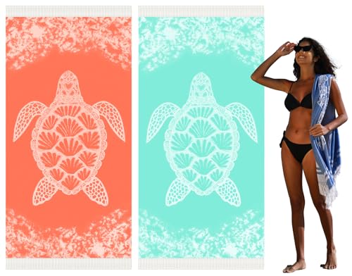 Widdonen 2 Pack Turkish Beach Towel Quick Dry Absorbent Cotton Lightweight Thin Bathroom Bath Pool Swim Towels Extra Large Oversized Sand Free Beach Accessories Essentials Stuff Cloud Adults Gift - color: 2 Pack Light Blue Pink Turtle, size: X-large(79 X