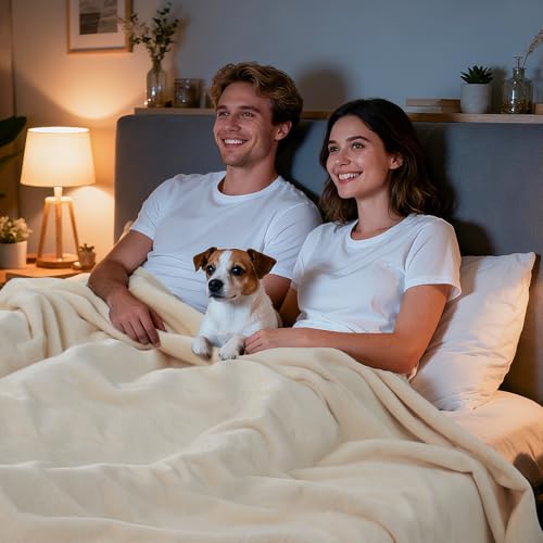 LOOBANI Waterproof Blanket for Bed: Reversible Soft Flannel King Size Bed Blanket 85" x 108", Waterproof Dog Blankets for Large Dogs, Spill-Proof Cover for Furniture Protection, Movie Time, Beige - color: Beige, size: 85" x 108"
