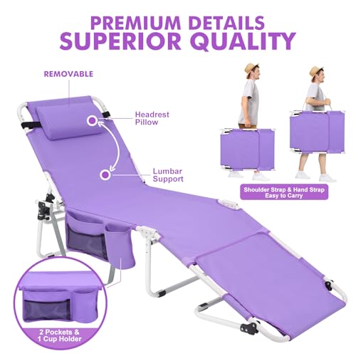 Oversized Extra Wide Tanning Chair with Sun Canopy Face Hole Padded Adjustable Washable, Heavy Duty Layout Folding Lounge Chair for Outside Beach Reading Sunbathing, UPF 50+, XL, Plus Size, 330 LBS - color: Purple, size: Oversized
