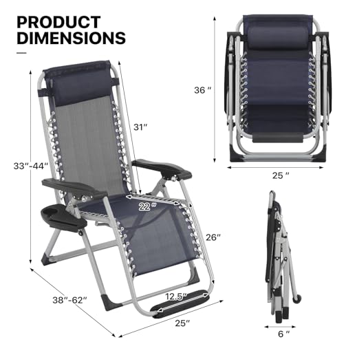 MoNiBloom Zero Gravity Lounge Chair with Cushion, Padded Patio Anti Gravity Recliner, Foldable Outdoor Lounger with Cup Holder Tray, Headrest and Footrest for Beach Camping, Blue - color: Blue, size: Standard with Footrest 1-Pack