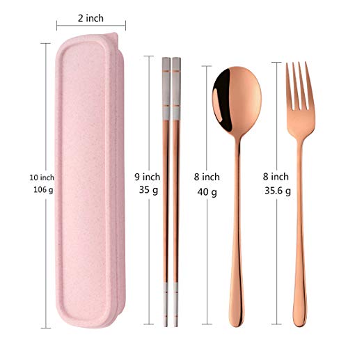 3 Piece Portable Flatware Set, Chopsticks, Fork and Spoon with Travel Case, Rose Gold - color: Rose Gold