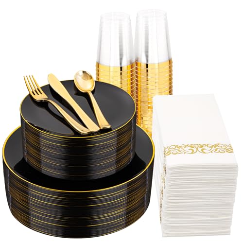 Supernal 350pcs Black & Gold Plastic Dinnerware Set, Elegant Black Plates with Golden Edges, Gold Plastic Silverware, Durable Tableware Perfect for Birthdays, Parties, Wedding, Celebration - color: 350pcs Black Plastic Plates with Gold Rim
