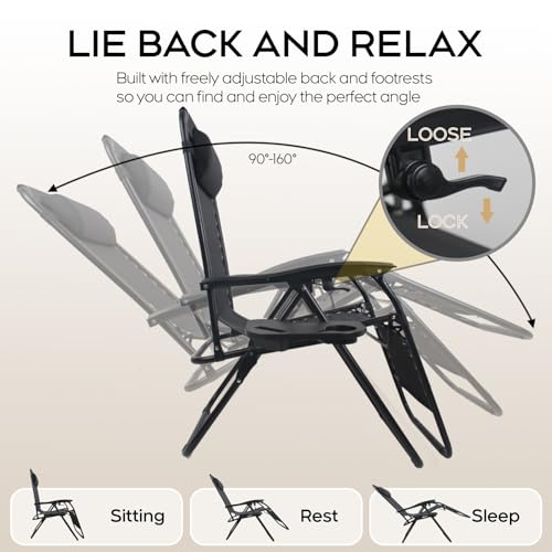 Set of 2 Adjustable Zero Gravity Lounge Chairs Outdoor Recliner w/Cup Holder Tray & Removable Pillows, Ergonomic Reclining Chair for Camping Patio Lawn Balcony (Black) - color: Black