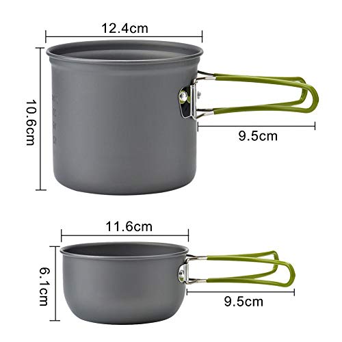 Peidesi Camping Cookware Mess Kit, Portable Camp Stove Pots and Pans Set, Carabiner, Folding Knife, Fork Spoon Kit, Carry Mesh Bag, for Backpacking