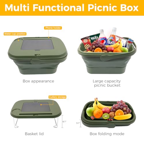 Picnic Basket Foldable Bucket with Lid and Handles, Portable Outdoor Storage Bucket, 18 Liters, Ideal for Camping、Outdoors and Car Trunks (Green) - color: Green