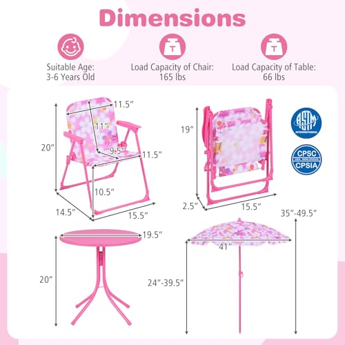 Costzon Kids Picnic Table, Kids Outdoor Table with 2 Folding Chairs, Height Adjustable Umbrella, Portable Children Outdoor Furniture for Patio, Garden, Backyard (Pink Flowers) - color: Pink Flowers