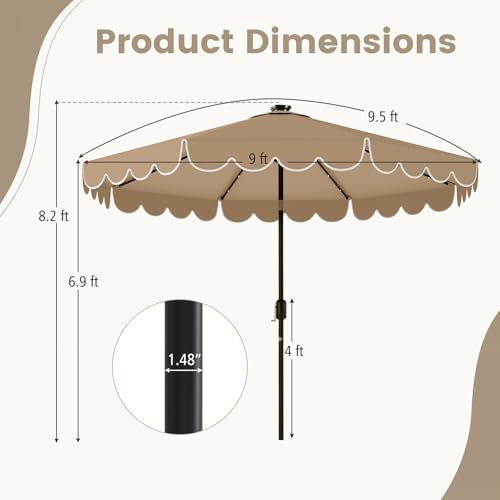 Tangkula 9 FT Solar Patio Umbrella, 2-Tiers Scalloped Outdoor Table Market Umbrella with 32 LED Lights, Vented Top, Tilt Adjustment, Crank, 8 Ribs for Backyard Poolside Deck Beach Lawn (Coffee) - color: Coffee, size: 9Ft